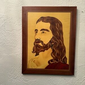 Wood Inlay Sacred Portrait of Jesus in Wooden Frame 11X14 Art Religious Picture